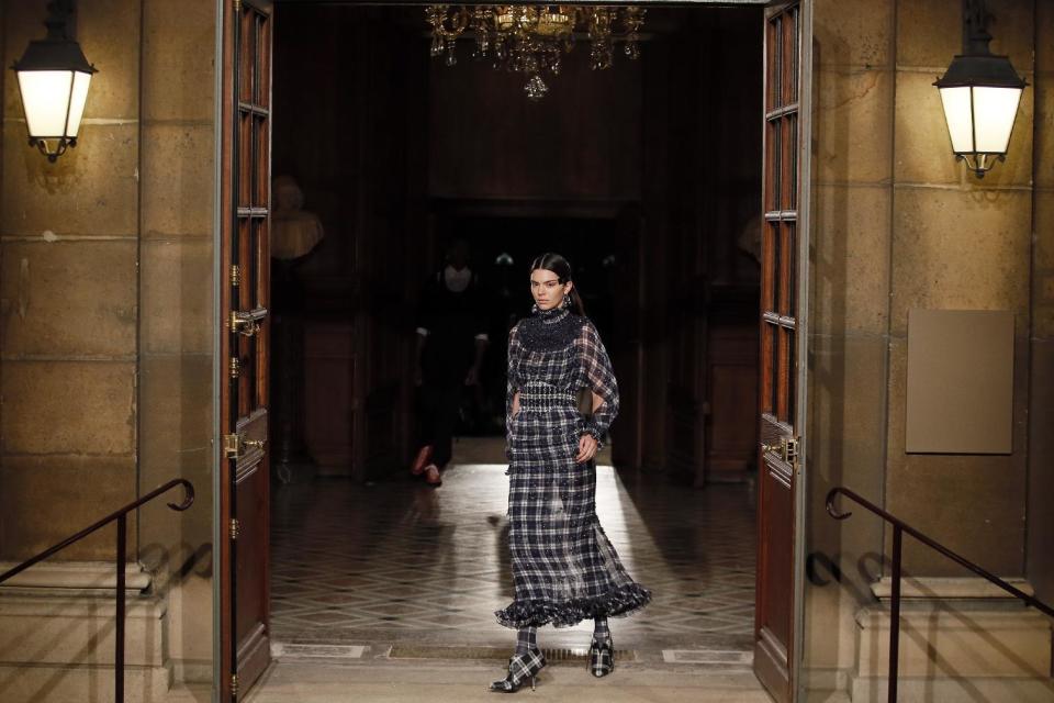 Model Kendall Jenner wears a creation for Givenchy Men's Fall Winter 2017-2018 fashion collection presented in Paris, Friday, Jan. 20, 2017. (AP Photo/Francois Mori)