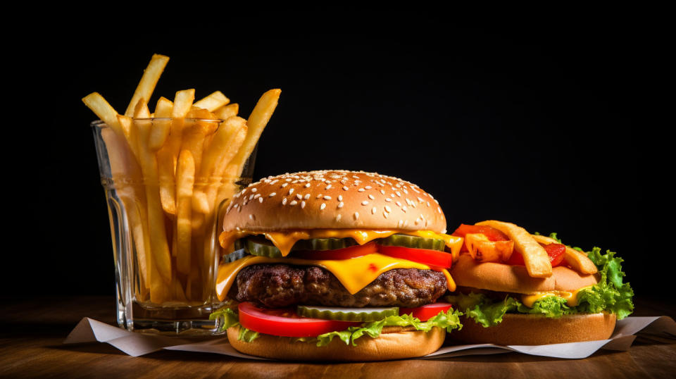 A close-up of a hamburger, french fries, and a soft drink, representing the fast food chain.