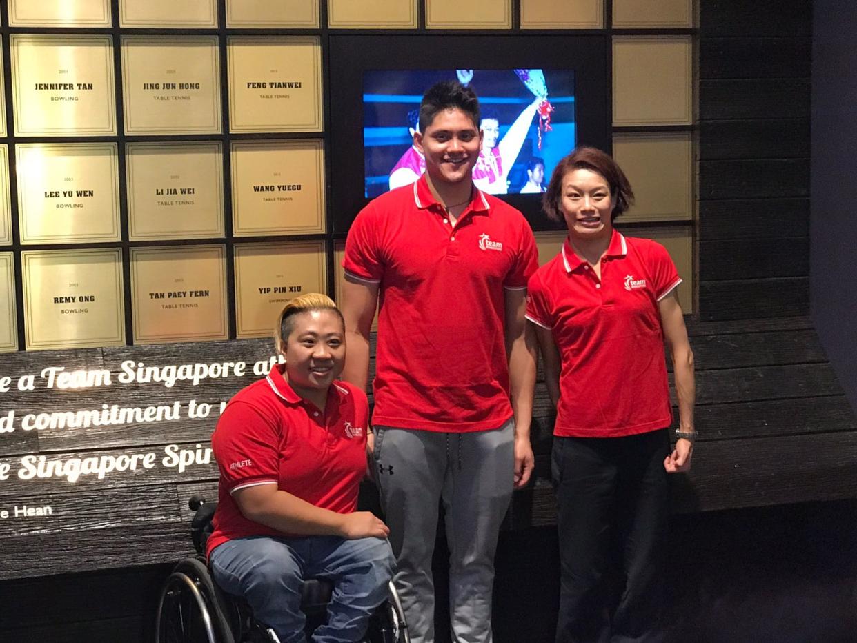 Left to right: Theresa Goh, Joseph Schooling and Laurentia Tan who were inducted into the Sport Hall of Fame on 8 August. Photo: Nigel Chin/Yahoo News Singapore