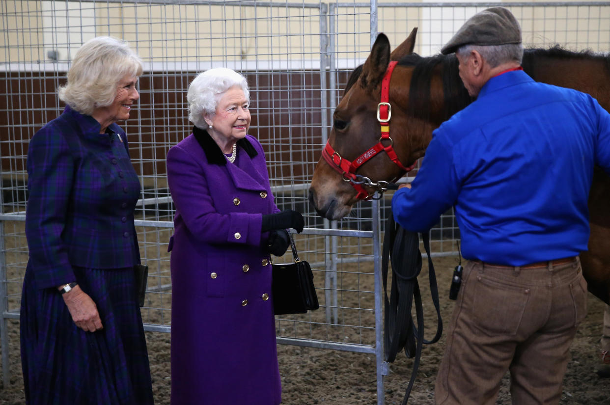 Duchess of Cornwall and Queen Elizabeth II attend a horse whispering demonstration by Brooke Global Ambassador Monty Roberts at the Royal Mews, Buckingham Palace, London.