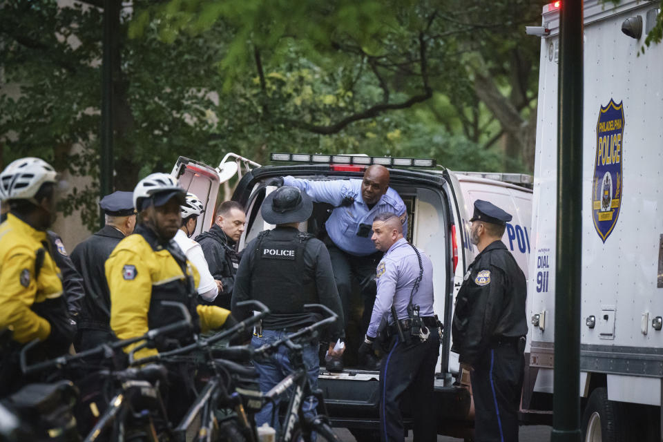 Police gather to clear protesters at the University of Pennsylvania campus, in Philadelphia, on Friday, May 10, 2024. (Jessica Griffin/The Philadelphia Inquirer via AP)