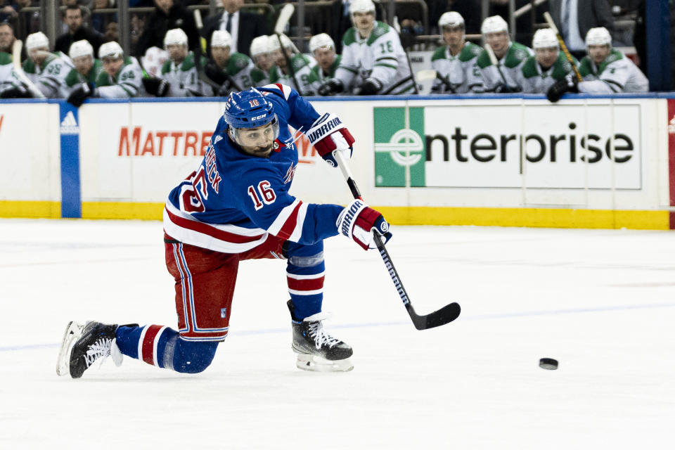 New York Rangers center Vincent Trocheck (16) shoots during the second period of an NHL hockey game against the Dallas Stars on Tuesday, Feb. 20, 2024 in New York. (AP Photo/Peter K. Afriyie)