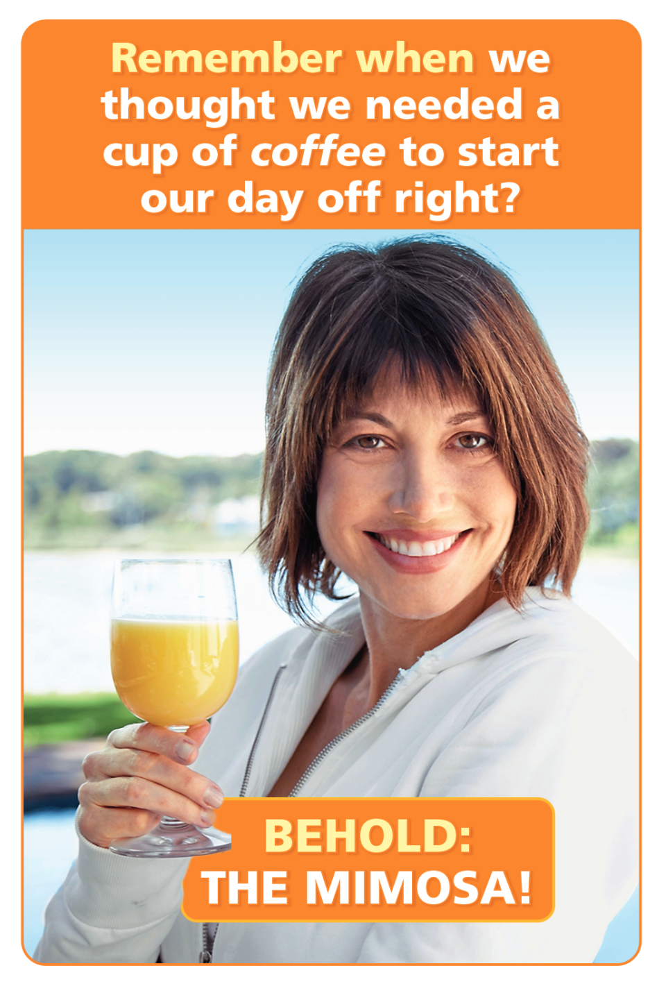 A women stands smiling with her mimosa- wine jokes 