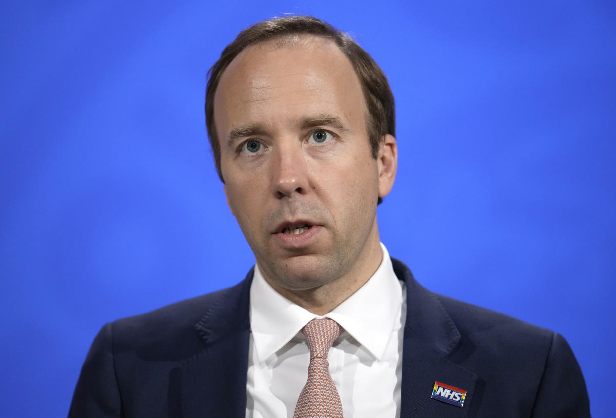 Health Secretary Matt Hancock during a media briefing in Downing Street, London, on coronavirus (Covid-19). Picture date: Thursday May 27, 2021.