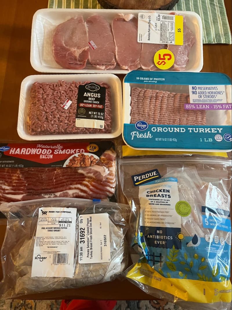 different kinds of packaged meat on table