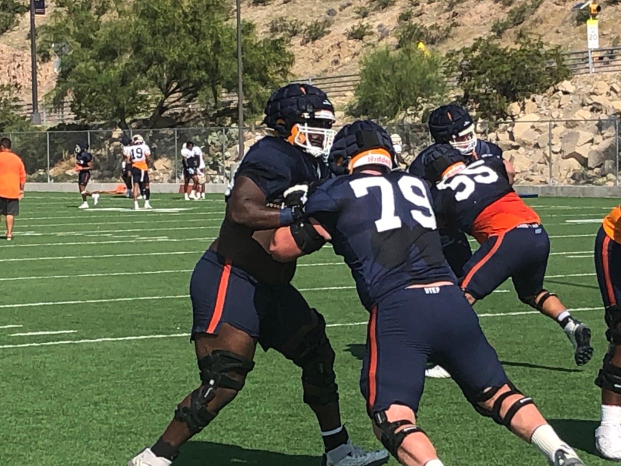 UTEP sophomore guard Elijah Klein makes a block Saturday at Glory Field