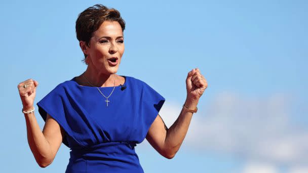 PHOTO: Arizona Republican nominee for governor Kari Lake speaks during a campaign rally attended by former U.S. President Donald Trump, on Oct. 9, 2022 in Mesa, Ariz. (Mario Tama/Getty Images)