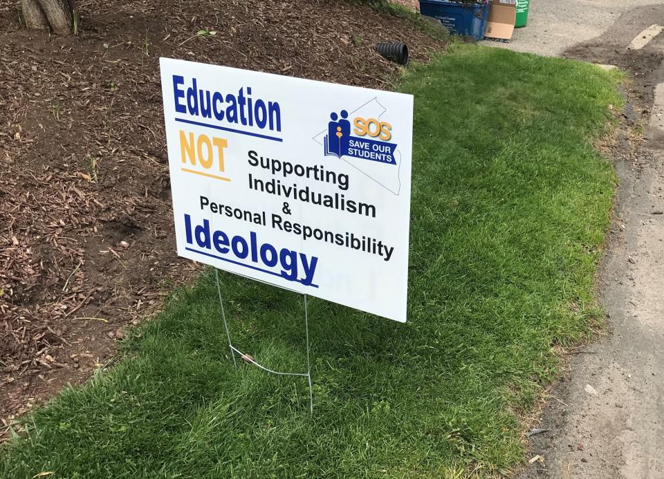 An election sign on Western Highway in Tappan. In the South Orangetown district, challengers who had questioned the focus on equity won by tight margins.