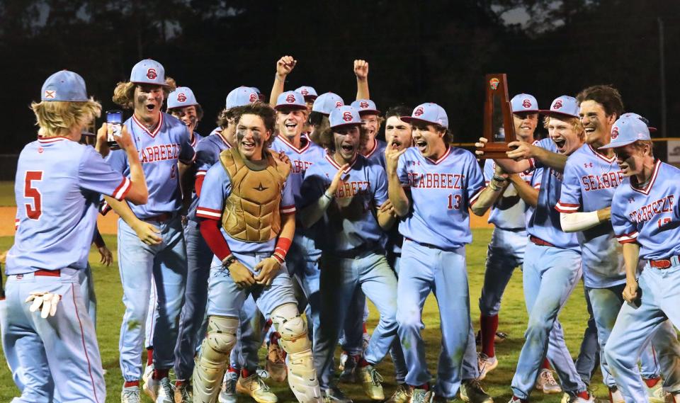 Seabreeze High baseball player go wild for a Tik Tok video, Thursday May 4, 2023 after winning the District 5-5A championship game at the Ormond Beach Sports Complex.