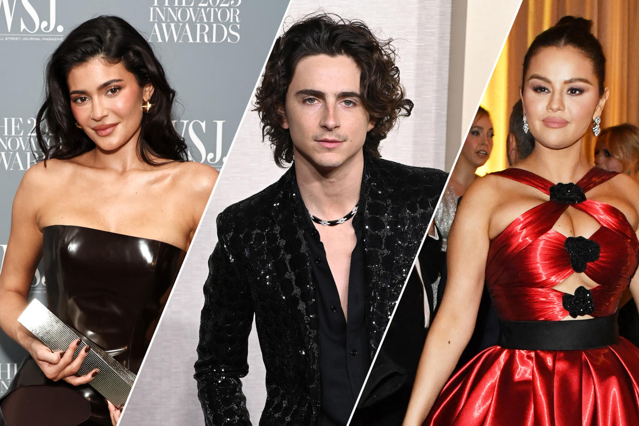 Three photos of Kylie Jenner, Timothée Chalamet and Selena Gomez at the Golden Globes.