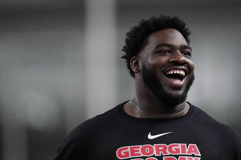 Devonte Wyatt runs drills during Georgia's pro day on March 16 in Athens, Ga. (AP Photo/Brynn Anderson)