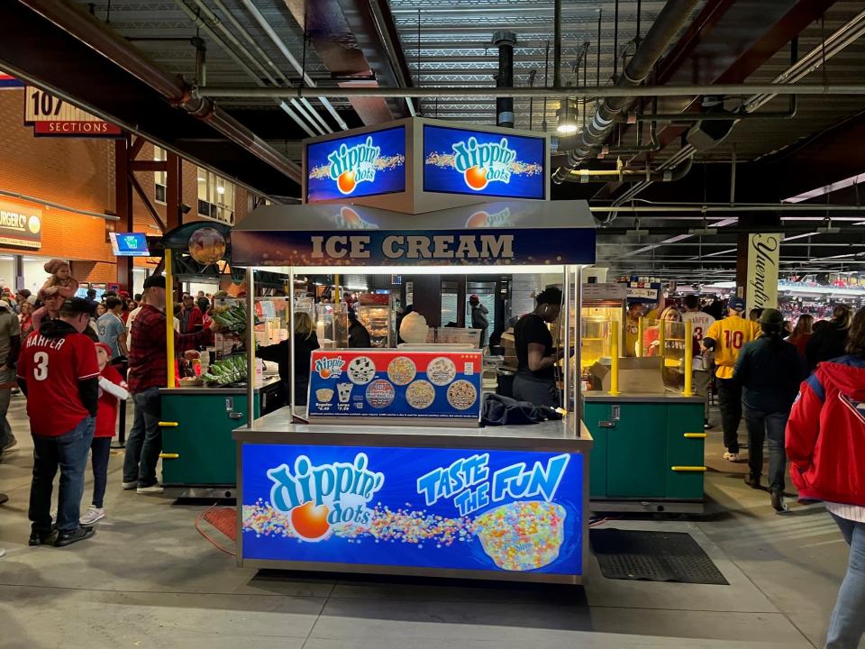 Amid food lines that can last anywhere from 10 minutes to 2 innings, many ice cream stalls stand empty during the early innings at Citizens Bank Park. During later innings, this situation reverses.