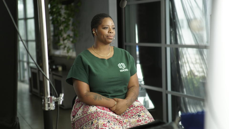 This image released by PBS shows activist and Black Lives Matter co-founder Patrisse Cullors during the filming of the documentary “Not Done: Women Remaking America,” debuting Tuesday on PBS stations. (PBS via AP)