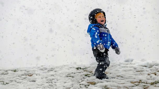 PHOTO: Kamal Rahm,3, of Carlsbad, enjoys the snow at Yucaipa Community Park in Yucaipa, Calif., on Thursday, February 23, 2023. (Terry Pierson/The Orange County Register via AP) (Terry Pierson/AP)