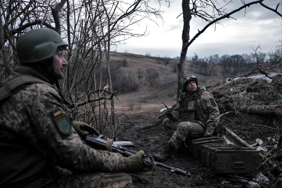 Soldiers of the Ukrainian Volunteer Army hold their positions at the front line near Bakhmut, Donetsk region, on March 11, 2023, amid the Russian invasion of Ukraine.