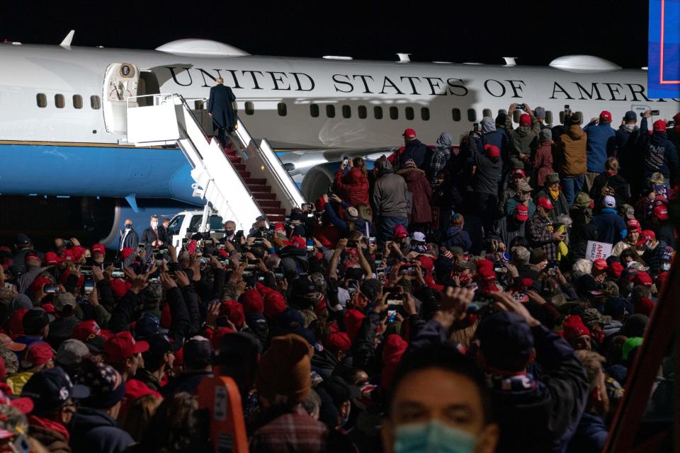 <strong>Erie, Pa., Oct. 20, 2020.</strong> Trump departs a campaign rally.<span class="copyright">Peter van Agtmael—Magnum Photos for TIME</span>