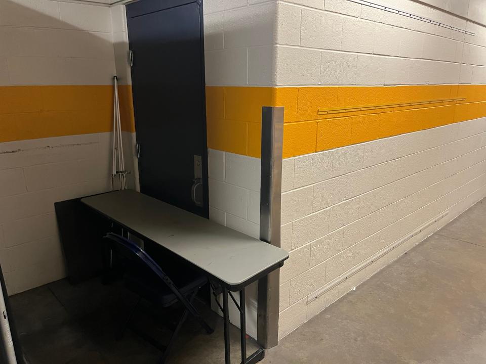 Chris Jans' temporary office before Mississippi State basketball's SEC tournament matchup with Alabama at Bridgestone Arena in Nashville, Tenn.