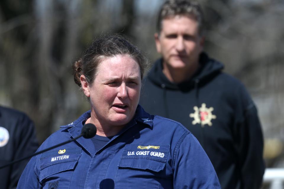 Capt. Heather Mattern, U.S. Coast Guard, talked about the barges still remaining against the lower McAlpine Dam Wednesday afternoon.March 29, 2023