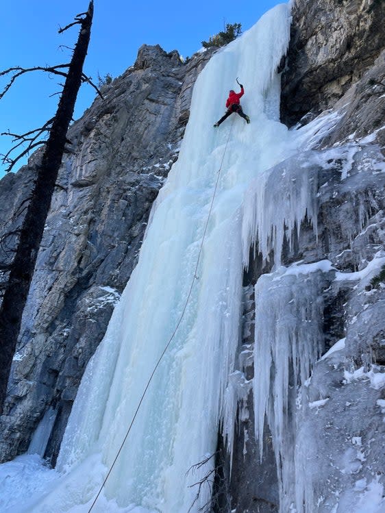 Will Gadd leads a steep pitch of ice.
