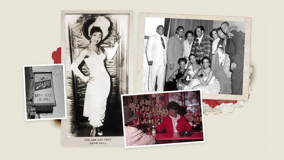 Minnette Wilson is a former dancer who was close to Augie Palmisano. Bottom: Wilson in her bar, the Satin Doll Lounge, in 1996. Top right: Wilson is pictured in the bottom row with Duke Ellington’s hands on her shoulder.