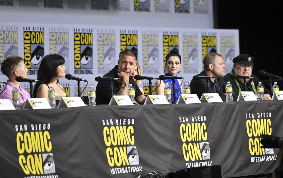 English actor Paddy Considine (2nd L), with the cast at the HBO "House of the Dragon" speaks at the panel during Comic-Con International in San Diego, California, July 23, 2022.