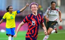 Vergessen Sie Lionel Messi, vergessen Sie Cristiano Ronaldo: Auch im Frauenfußball gibt es seit einigen Jahren Pionierfiguren, die den Sport beherrschen und auch neben dem Platz für Ausrufezeichen sorgen - von Marta (links) bis Megan Rapinoe (Mitte). Wir stellen die besten Spielerinnen aller Zeiten vor, inklusive Legenden wie Birgit Prinz, die ihre Karriere bereits beendet haben. (Bild: Getty Images / Koki Nagahama / Elsa / Andreas Rentz)