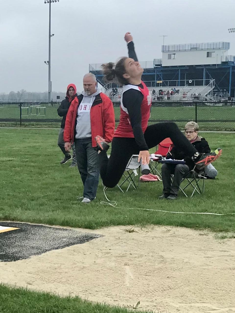 Elgin's Tiffany Hix, shown competing in the girls long jump at this year's Marion County Track Meet at River Valley, will perform in the pole vault at this weekend's state track and field championships at Ohio State's Jesse Owens Memorial Stadium, going in Division III.