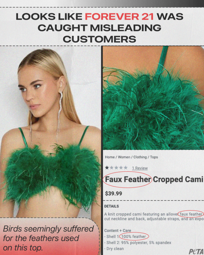 PETA said Forever 21 mislabeled several products.