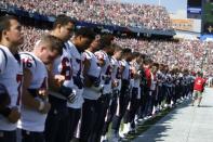 Sep 24, 2017; Foxborough, MA, USA; The Houston Texans stand during the national anthem before a game against the New England Patriots at Gillette Stadium. Mandatory Credit: Greg M. Cooper-USA TODAY Sports