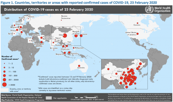 Countries, territories or areas with reported confirmed cases of Covid-19, 23 February 2020 (WHO)