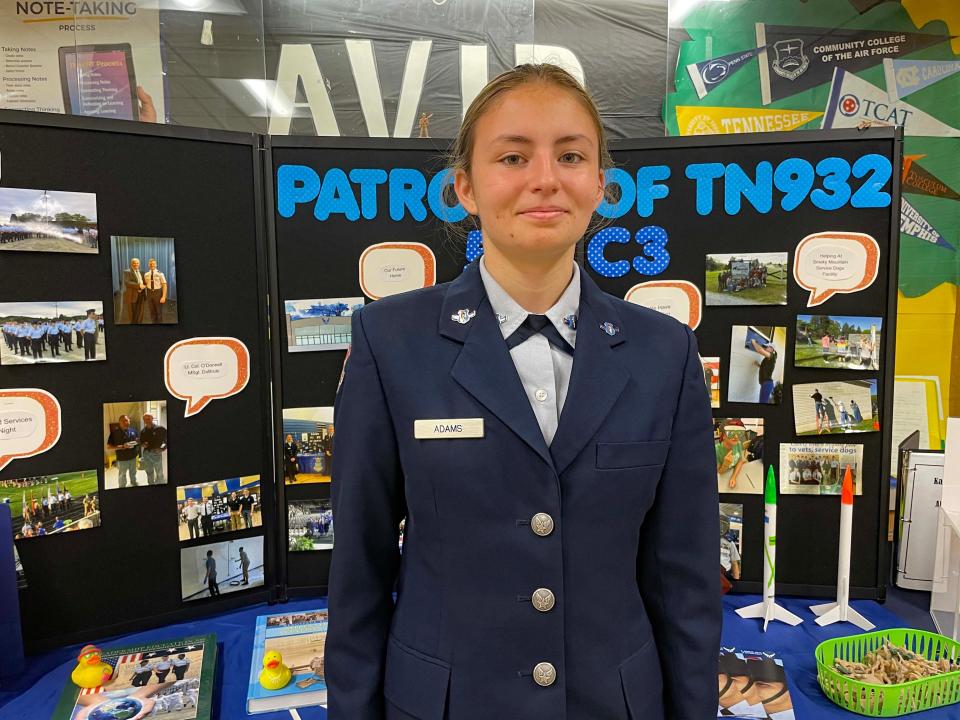 Amber Adams, 15, is the face of JrROTC as she shares what the organization is all about at the fourth annual Community Bazaar at Karns High School Saturday, April 30, 2022.