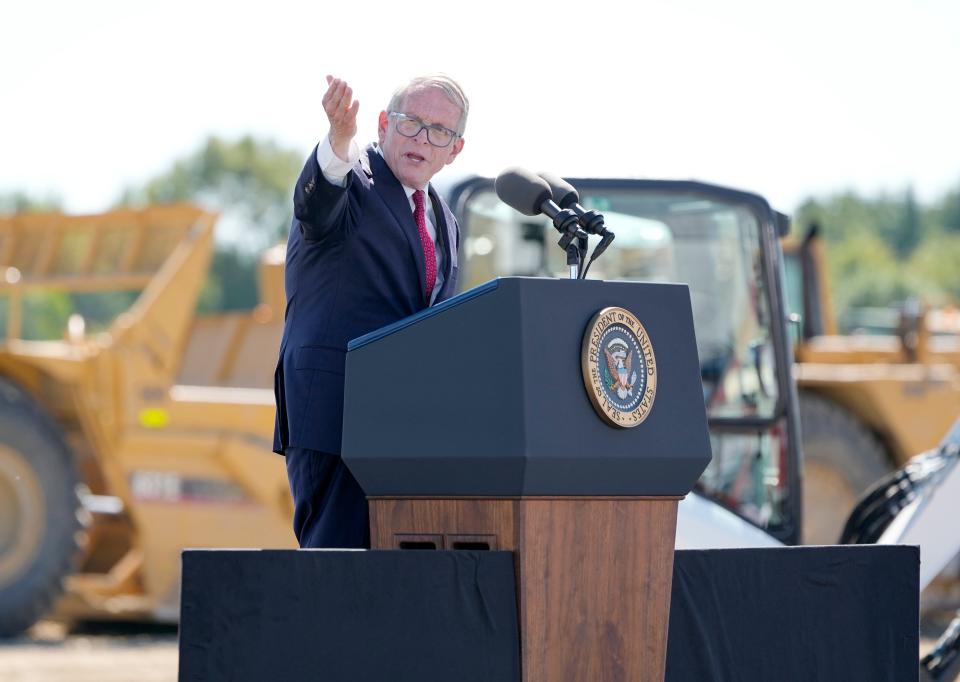 Gov. Mike DeWine speaks at a groundbreaking ceremony for Intel's $20 billion microchip manufacturing project. Adam Cairns/Columbus Dispatch