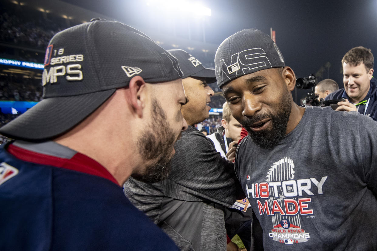 Steve Pearce and Jackie Bradley Jr. won a World Series and helped a Massachusetts man score a $100K lottery win. (Getty)