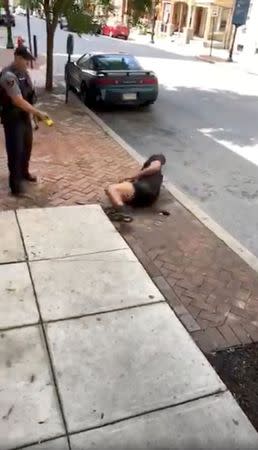 A man gets Tasered by a police officer, in Lancaster, Pennsylvania, U.S., June 28, 2018, in this still image taken from a video obtained from social media. MANDATORY CREDIT. Jay Jay/via REUTERS
