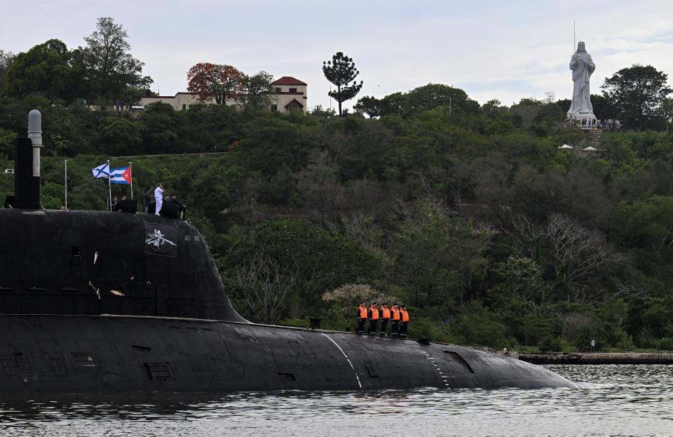 The Russian nuclear submarine Kazan, part of the Russian naval detachment visiting Cuba, arrives in Havana port on June 12, 2024.