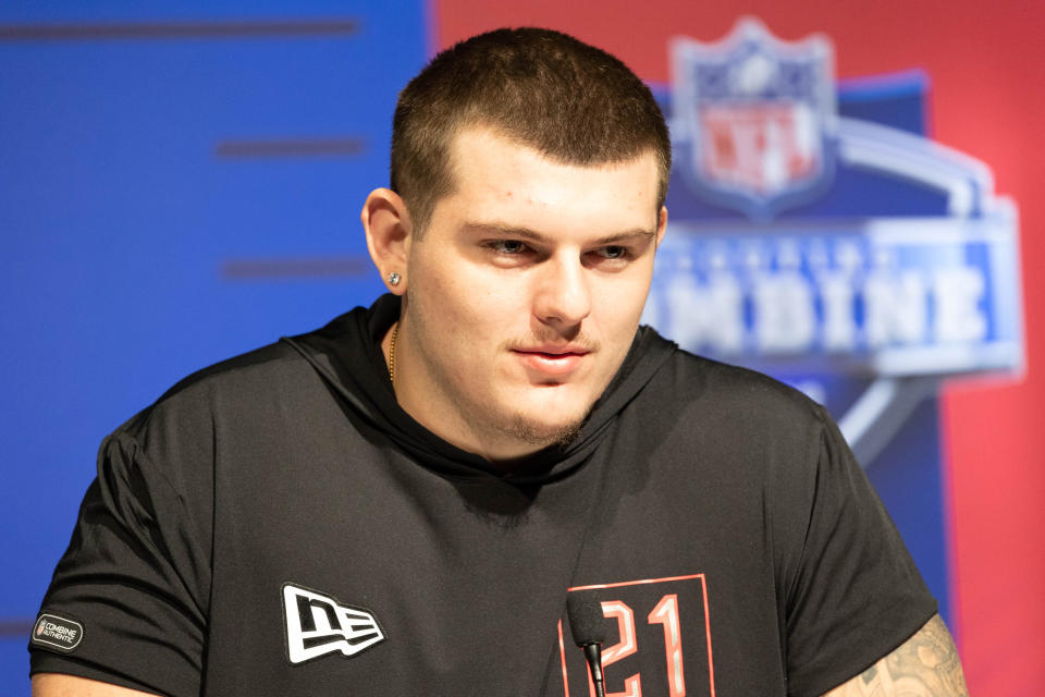 Mar 4, 2022; Indianapolis, IN, USA; Arkansas defensive lineman John Ridgeway (DL21) talks to the media during the 2022 NFL Combine. Mandatory Credit: Trevor Ruszkowski-USA TODAY Sports