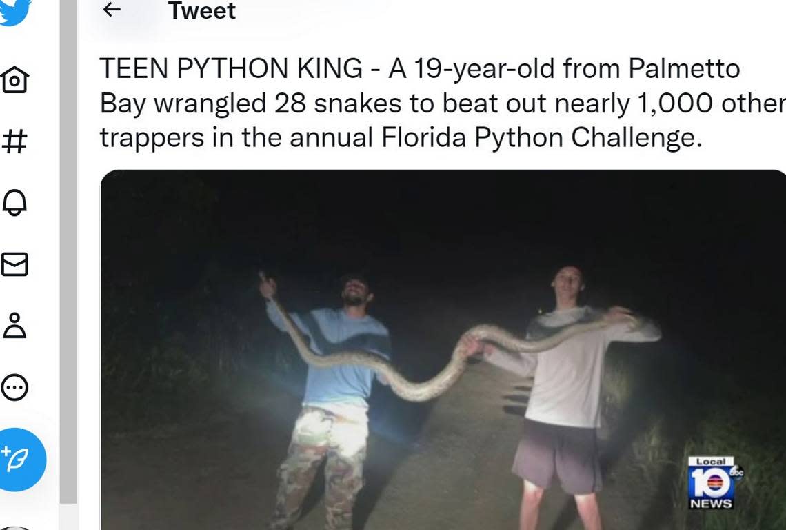 Matthew Concepcion, left, and a friend, hold a Burmese python/ WPLG Local 10 News @WPLGLocal10/Twitter screenshot