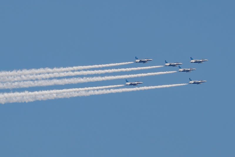 Japan Air Self-Defense Force stages a flyover to salute the medical workers at the frontline of the fight against the coronavirus disease (COVID-19), in Tokyo