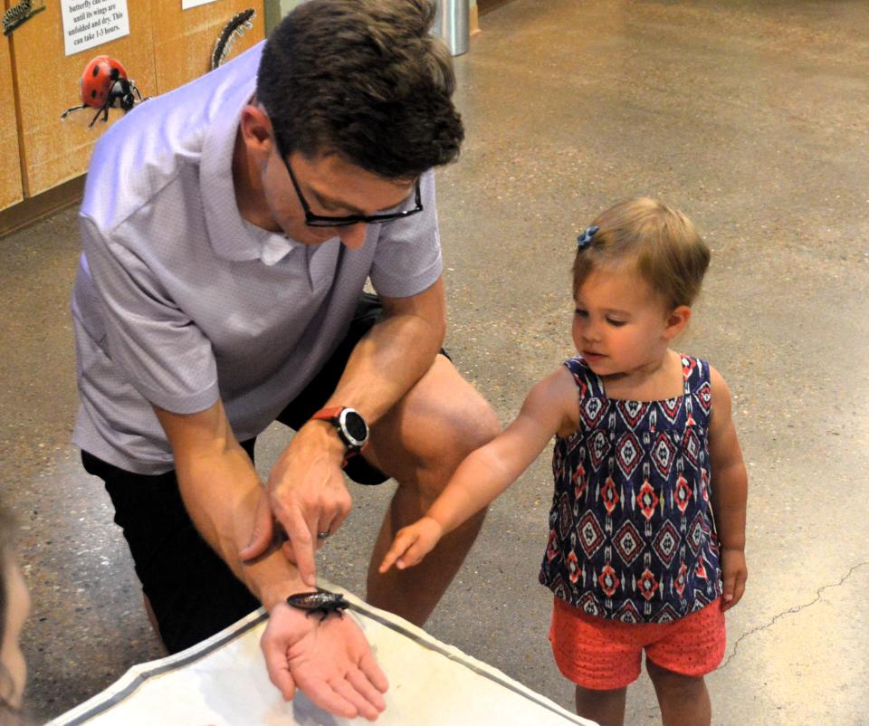 David Simons and his daughter Sloane meet a hissing cockroach Friday at River Bend Nature Center's Bug Fest!