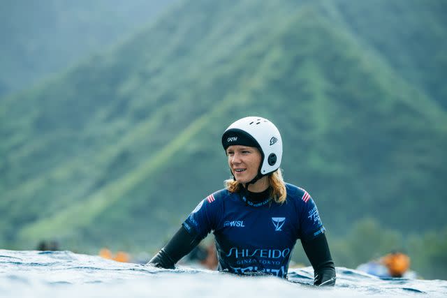 <p>World Surf League/Beatriz Ryder</p> Caitlin Simmers prior to surfing in the quarterfinals at the Tahiti Pro in August 2023.