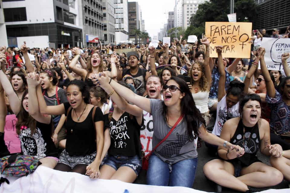 Women members of social and feminist movements protest to repudiate the feminicide of Lucia Perez, on Oct. 23, 2016 in Sao Paulo, Brazil.&nbsp;