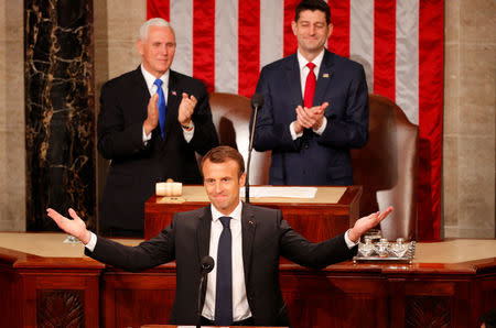 French President Emmanuel Macron arrives to address a joint meeting of Congress in the House chamber of the U.S. Capitol in Washington, U.S., April 25, 2018. REUTERS/Brian Snyder