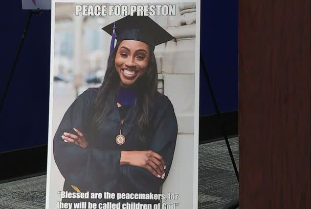 PHOTO: A poster of Chicago police officer Areanah Preston is seen at a press conference on May 10, 2023. (WLS)