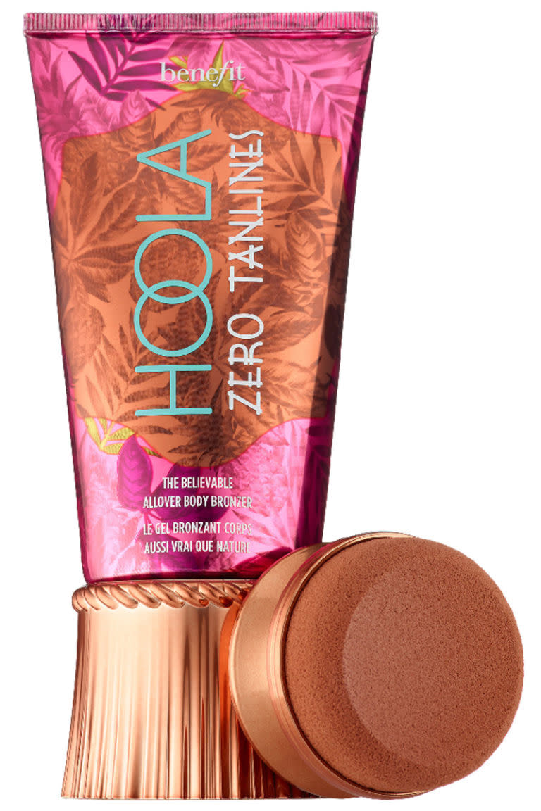 <p>For the most believable 12-hour tan, you want a matte formula. This gel version comes with a plush sponge—use it to buff the bronzer on in big circular motions. </p><p><strong>Benefit</strong> Hoola Zero Tanlines Allover Body Bronzer, $30, <a rel="nofollow noopener" href="http://www.sephora.com/hoola-zero-tanlines-allover-body-bronzer-P404615?skuId=1790427&om_mmc=ppc-GG&mkwid=sm1vRrQFE&pcrid=97594803159&pdv=c&site=_search&country_switch=&lang=en&gclid=CJXS2NC3pc0CFdcRgQod7qwKoA" target="_blank" data-ylk="slk:sephora.com;elm:context_link;itc:0;sec:content-canvas" class="link ">sephora.com</a>.</p>