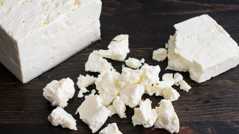 Crumbly feta cheese block