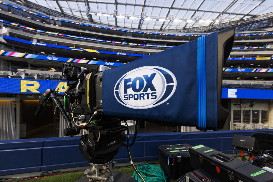 INGLEWOOD, CALIFORNIA - OCTOBER 8: Detail view of a Fox Sports broadcast camera before a game between the Philadelphia Eagles and the Los Angeles Rams at SoFi Stadium on October 8, 2023 in Inglewood, California. (Photo by Ric Tapia/Getty Images)