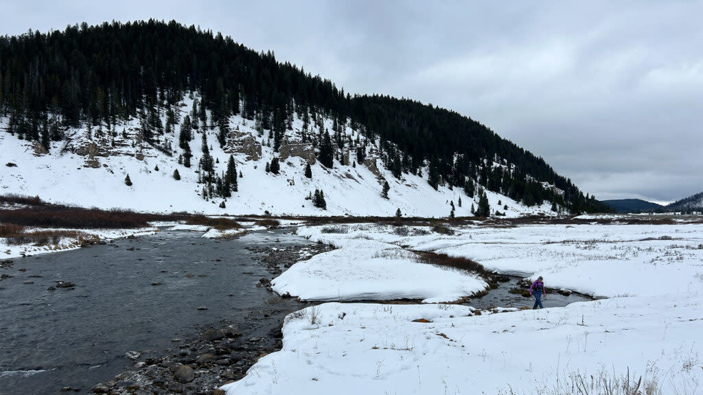 The NRCS snow survey team analyzes snowpack on the Gallatin River in February 2024. (Photo courtesy NRCS)
