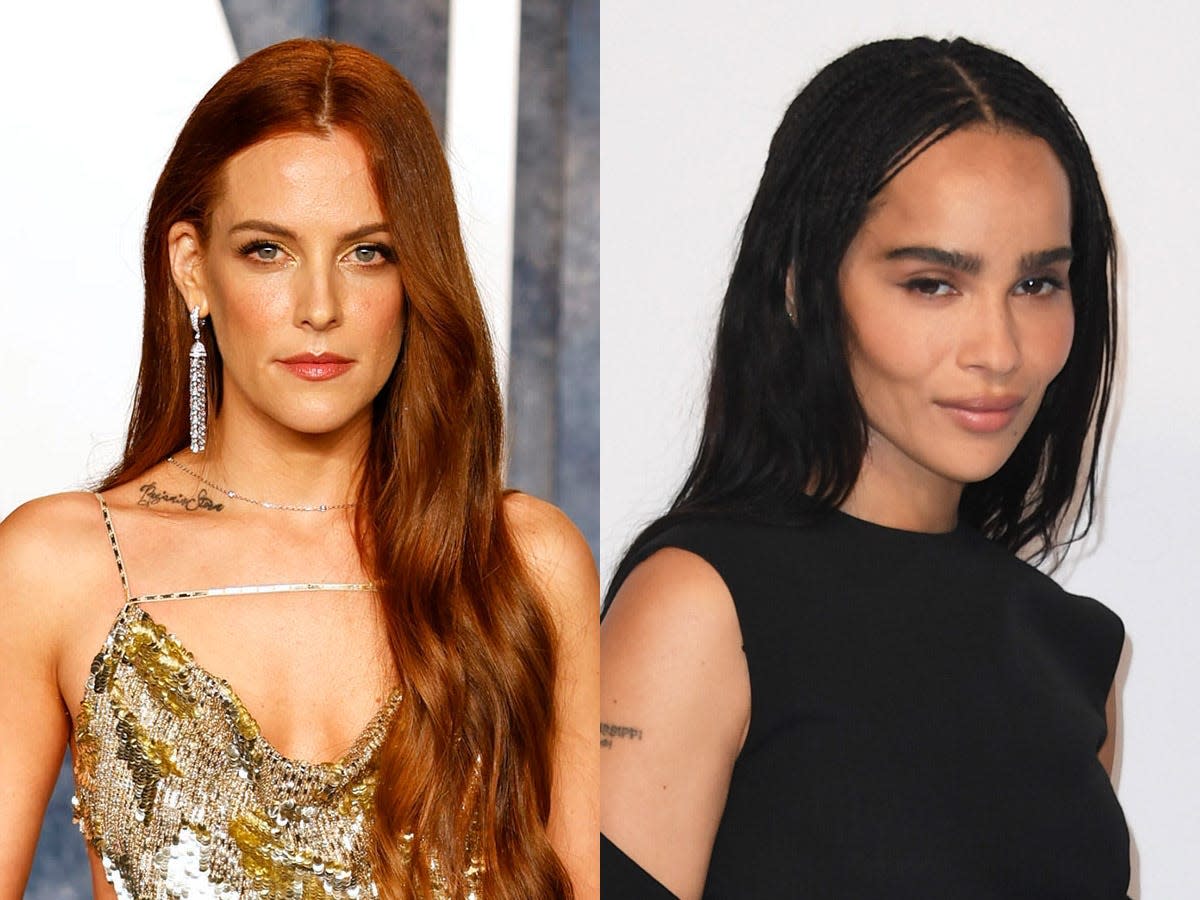 Riley Keough at the 2023 Vanity Fair Oscar Party hosted by Radhika Jones on March 12, 2023 in Beverly Hills, California. and Zoë Kravitz at the OMEGA Aqua Terra Shades international launch event on March 22, 2023 in London.