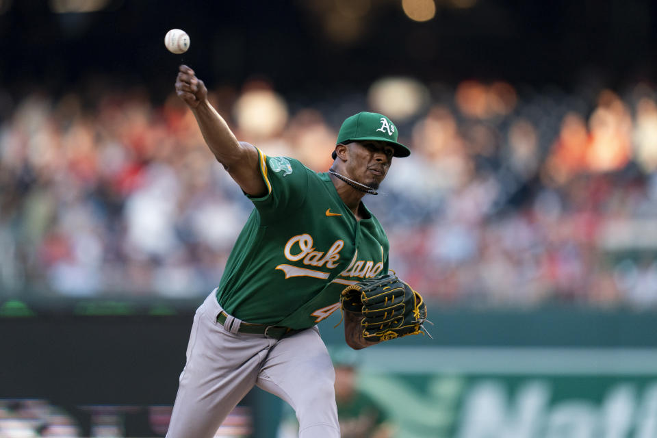 Oakland Athletics starting pitcher Luis Medina delivers during the first inning of a baseball game against the Washington Nationals, Saturday, Aug. 12, 2023, in Washington. (AP Photo/Stephanie Scarbrough)