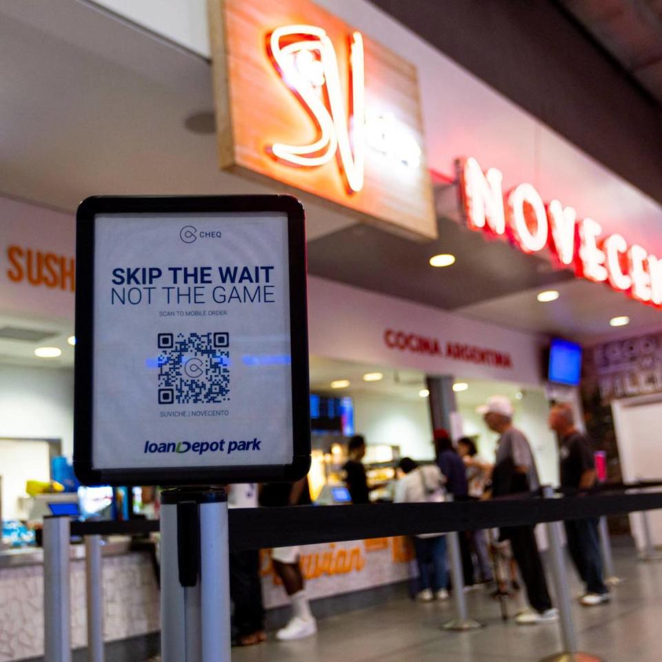 A close look at the self-service concession checkout station at Shortstop Market on the promenade level in Miami Marlins’ loanDepot Park in the Little Havana neighborhood of Miami, on May 17, 2023.